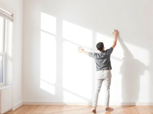 A clean, well-lit room with a person carefully inspecting a wall, symbolizing effective mold removal and prevention. Focus on healthy home and clear atmosphere, include wall, sunlight, person.