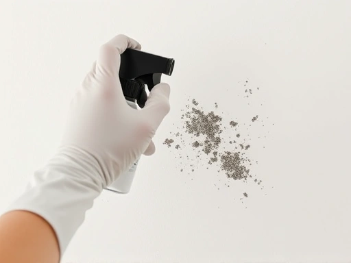 Close-up of a hand wearing a protective glove, spraying an anti-mold solution on a small patch of mold on a white wall, showing a detailed action of safe mold removal.