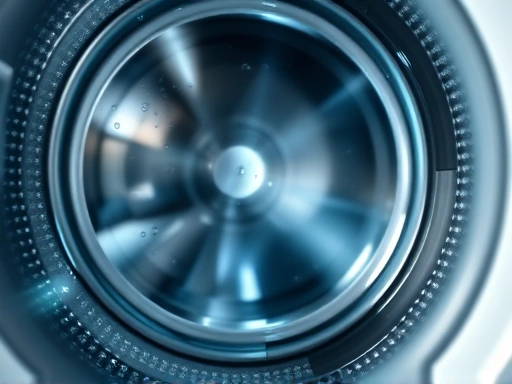 Close-up of a sparkling clean washing machine drum with water droplets, highlighting the freshness and hygiene of a well-maintained appliance, ready for a new load.