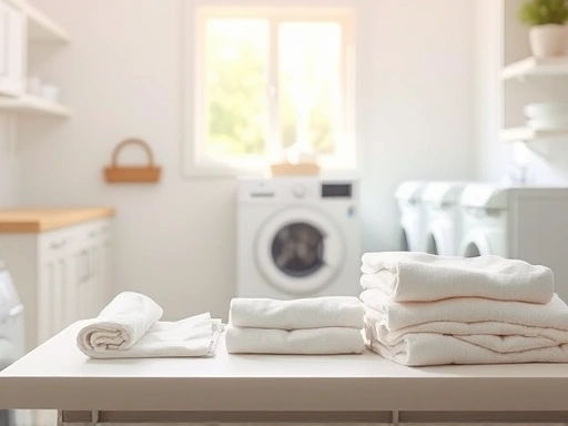 A bright, clean laundry room with fresh, folded clothes on a table, sunlight streaming in, conveying freshness and cleanliness, with a modern washing machine in the background.