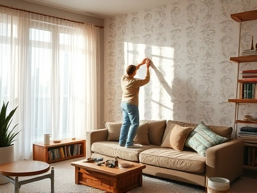 A cozy living room with a person carefully smoothing wallpaper on a wall, sunlight streaming in, DIY tools scattered around, a sense of accomplishment.