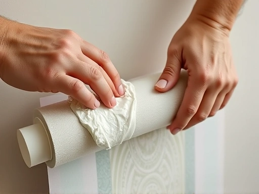 Close-up of hands applying wallpaper paste evenly onto a roll of wallpaper, precise and careful movements, showing the texture of the paste and paper.