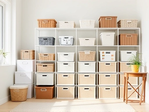 A bright, minimalist room with various types of storage boxes and organizers neatly arranged, showcasing functionality and aesthetic appeal.