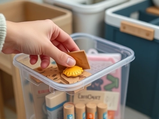 Close-up of a hand organizing items into a clear plastic storage box, with other fabric and wooden organizers blurred in the background, focusing on detail and practicality.
