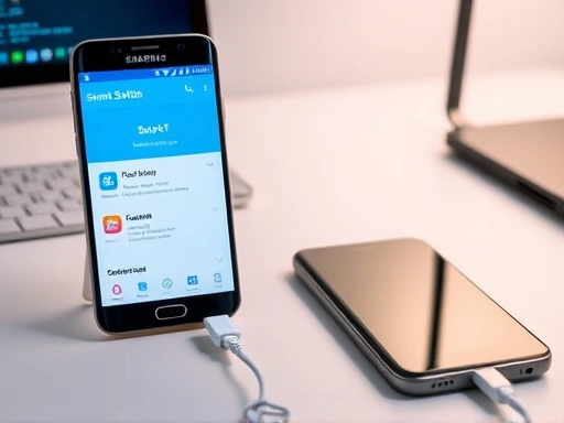 A modern Samsung smartphone displaying the Smart Switch app with data transfer in progress, a USB-C cable connecting two phones, on a minimalist desk with blurred tech background, emphasizing seamless data migration.