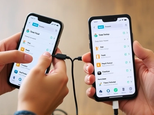 Close-up of two hands holding smartphones connected by a USB-C cable, with the Smart Switch app interface visible on both screens, showing transfer progress and file categories for efficient data migration.