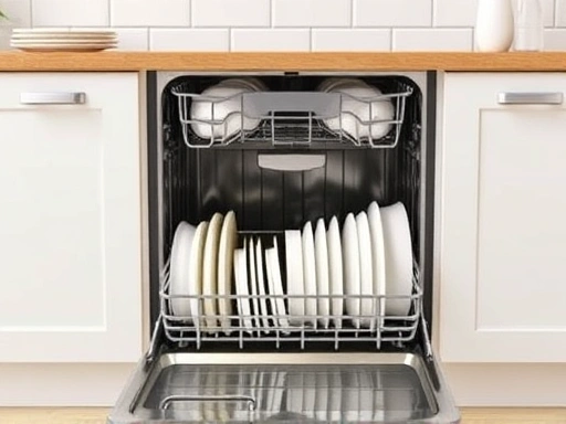 A modern kitchen with a sparkling clean dishwasher, various types of dishes neatly stacked inside, illustrating effective usage and maintenance practices.