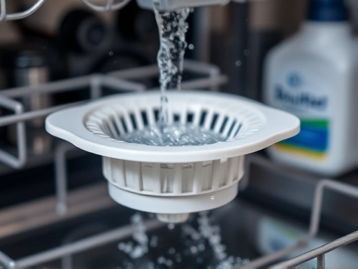 Close-up of a dishwasher's filter being cleaned under running water, emphasizing the importance of maintenance, with a tablet detergent in the background.