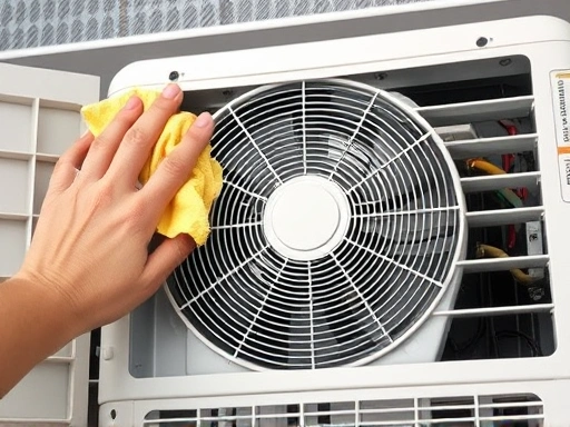 A detailed view of an air conditioner's indoor unit, with a person gently wiping the exterior and a clean, fresh airflow symbol.