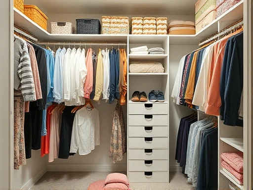 A neatly organized closet with various clothes and storage solutions, showcasing efficiency and tidiness. The closet is well-lit and spacious.
