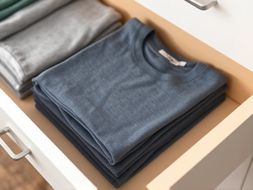 Close-up of a neatly folded stack of T-shirts in a drawer, using drawer dividers, emphasizing smart space utilization and organized clothing.