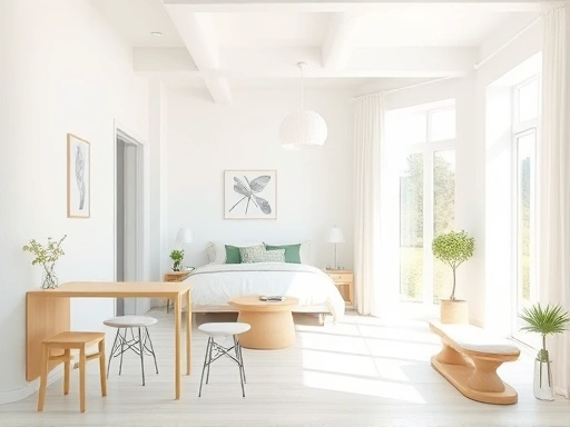 A bright, minimalist studio apartment with white walls, light wooden furniture, and abundant natural light, showcasing spaciousness and an inviting atmosphere.