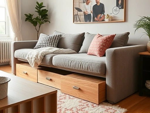 Close-up of clever small space furniture: a modular sofa that converts into a bed, with hidden storage compartments, in a cozy studio, highlighting functionality and design.