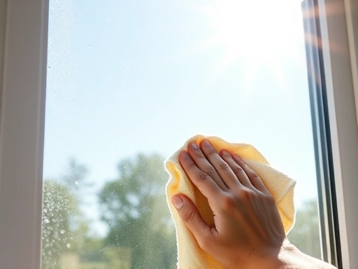 A bright, clean window pane reflecting sunlight, with a person's hand wiping it with a microfiber cloth, emphasizing clarity and no streaks for window cleaning tips.