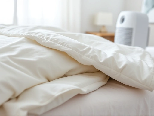 Close-up of clean, freshly laundered bedding being put on a bed, with a humidifier in the background, representing dust mite prevention and humidity control.