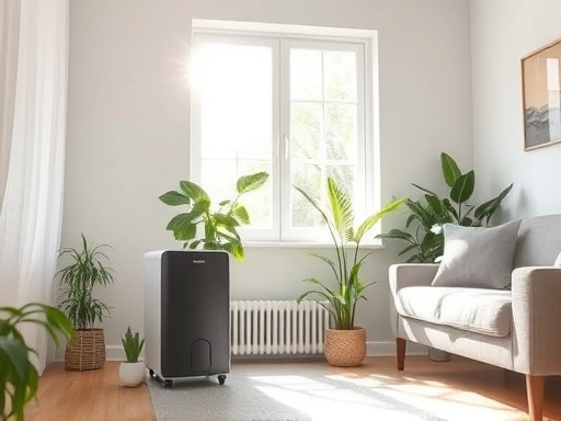 A clean and comfortable living room with sunlight streaming through a window, a modern electric dehumidifier subtly placed, and a few healthy indoor plants. The atmosphere is fresh and airy, symbolizing effective moisture control and a healthy home environment.