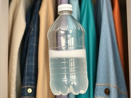 A close-up shot of a DIY calcium chloride dehumidifier made from a plastic bottle, with visible water collected, placed inside a wardrobe among clothes, highlighting practical home moisture control methods.