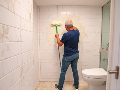 A clean, mold-free bathroom with a person safely cleaning tiles, showcasing effective mold removal.
