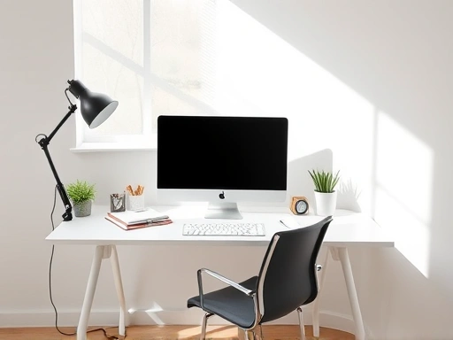 A pristine, minimalist home office desk bathed in natural light, featuring a neatly organized monitor, keyboard, and a few stylish office supplies, symbolizing productivity and effective desk organization.