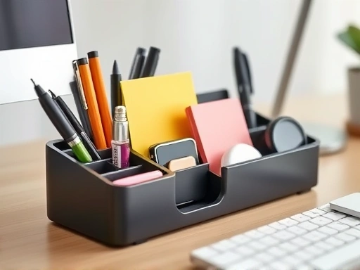 Close-up shot of a modern desk organizer with pens, sticky notes, and small gadgets neatly arranged, highlighting efficient space utilization and the clean aesthetic of desk storage.