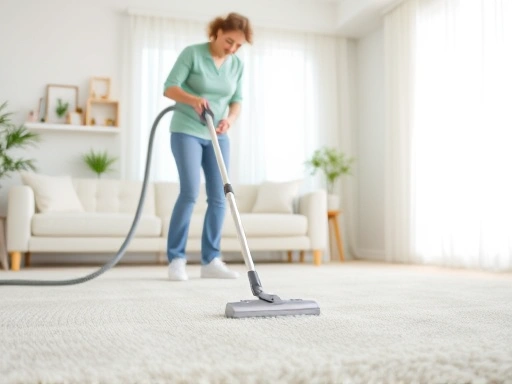A bright, clean living room with a person vacuuming a light-colored carpet, showing a fresh and hygienic home environment, emphasizing carpet cleaning.