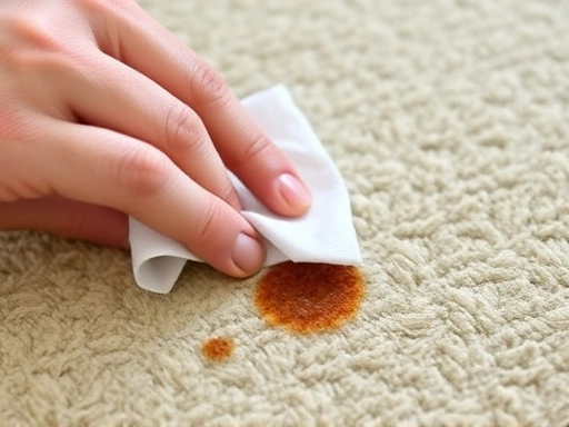 Close-up of a hand gently blotting a small stain on a carpet with a white cloth, demonstrating effective rug stain removal.