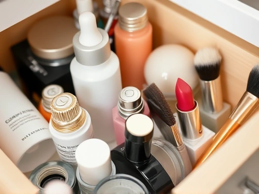 Close-up shot of different types of cosmetics (e.g., serums, lipsticks, brushes) properly stored in specific containers or drawers, emphasizing hygienic and safe keeping.