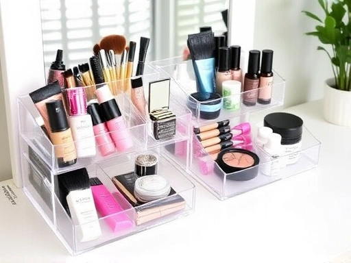 A bright and organized vanity table with various cosmetic products neatly arranged in clear acrylic organizers, showing a clean and practical storage solution.
