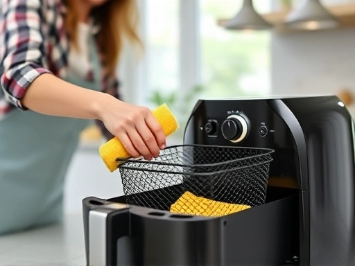 A person cleaning an air fryer basket with a sponge in a bright, modern kitchen, focusing on detailed cleaning.