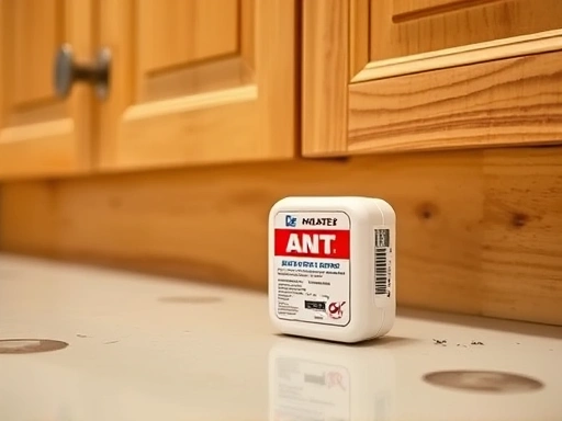 A close-up shot of a small, discreet ant bait station placed strategically near a kitchen cabinet, emphasizing the chemical solution. The focus is on the bait's design and its subtle presence in a home environment.