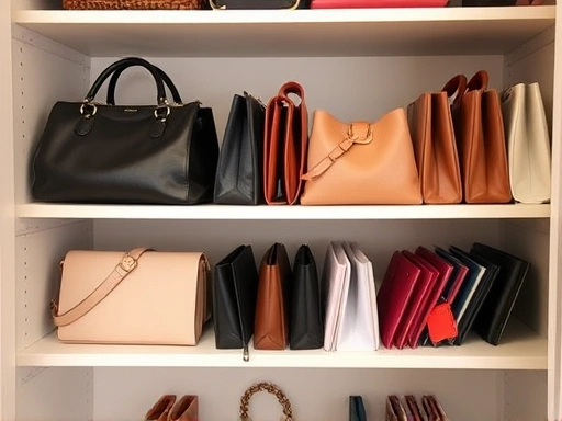 A closet shelf with neatly arranged handbags and wallets, showcasing an organized storage solution.