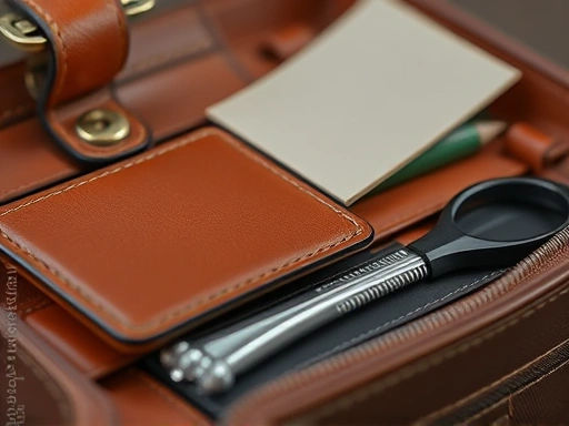 Close-up of a leather wallet and handbag with organizing accessories, highlighting texture and detail.
