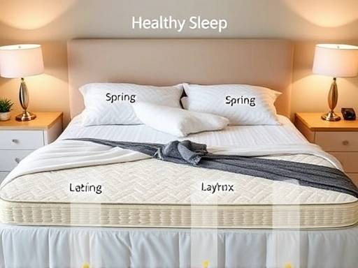 A bedroom scene with a comfortable bed, showing different types of mattresses (spring, memory foam, latex, hybrid) in distinct sections, highlighting comfort and support. Soft, inviting lighting, with a focus on healthy sleep.