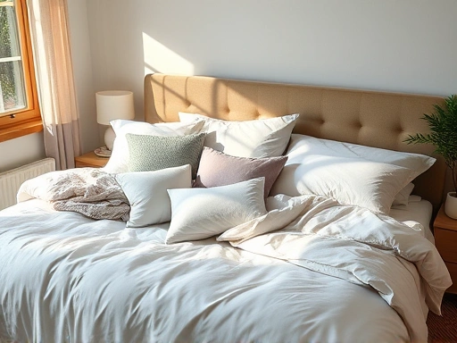 A cozy bedroom scene with various bedding materials, showcasing comfort and style with natural light.