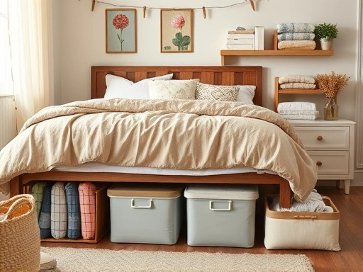 A cozy bedroom scene with neatly organized bedding in storage containers under the bed and on shelves.