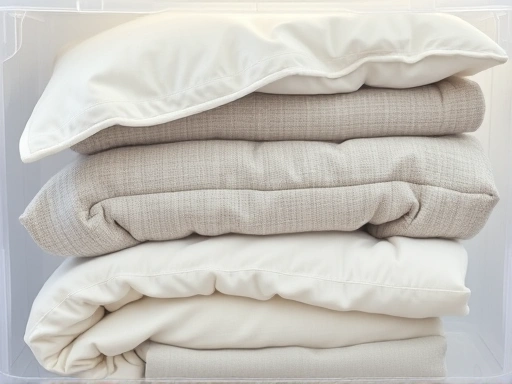 Close-up of neatly folded blankets and pillows inside a transparent storage container, showcasing organized bedding storage.