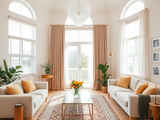 A bright living room featuring both blinds and curtains, highlighting their aesthetic differences under natural light.
