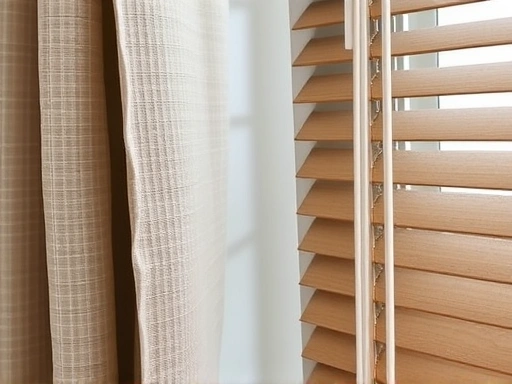 Close-up shot of different fabric textures and slat designs of curtains and blinds, emphasizing material quality and detail.