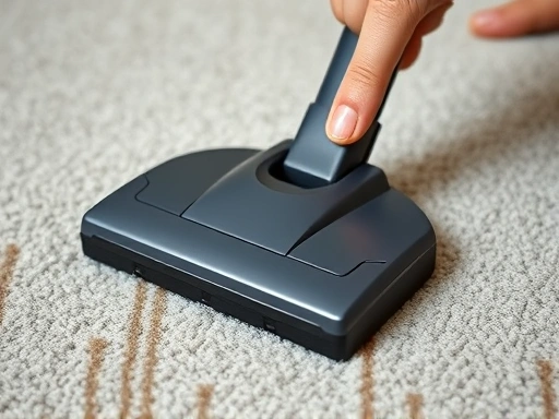 Close-up of a hand using a HEPA filter vacuum cleaner on a carpet, showing dust being collected, with a focus on cleanliness, effective allergen removal, and meticulous detail.