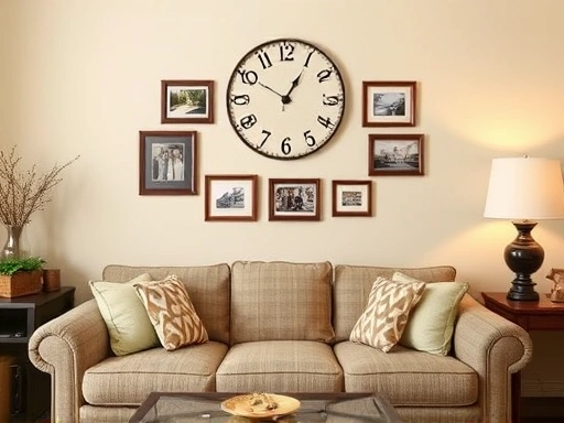 A cozy living room with a clock and framed photos arranged on the wall above a sofa.