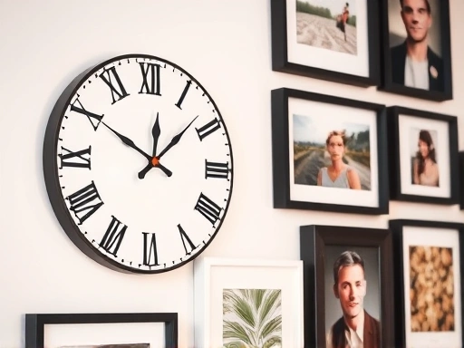 Close-up of a wall with a stylish clock and various framed photos creating a gallery wall effect.