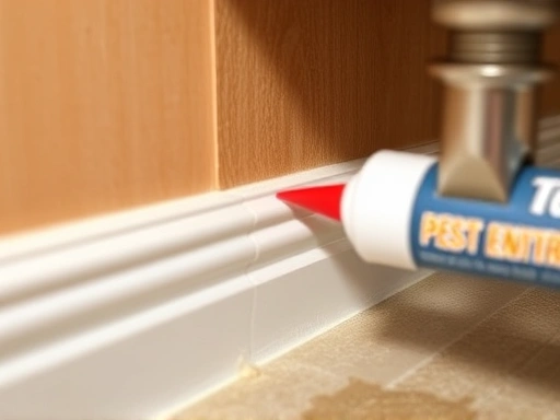 A close-up shot of small crevices and gaps around a kitchen sink or baseboard, sealed with caulk or sealant, illustrating the importance of blocking pest entry points, with a focus on meticulous detail. Keywords: pest entry points, home sealing, crack repair, pest prevention detail.