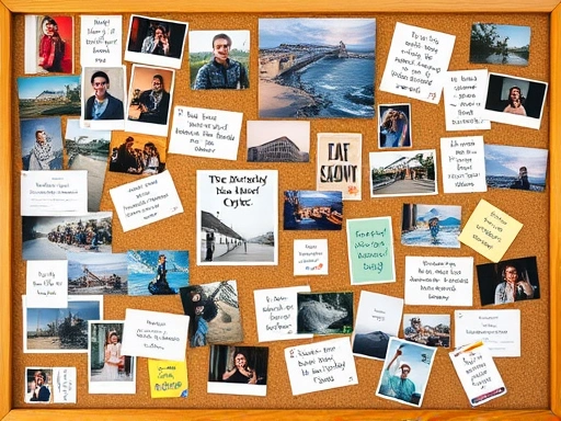 A corkboard filled with colorful photos, postcards, and inspiring quotes, creating a vibrant collage.