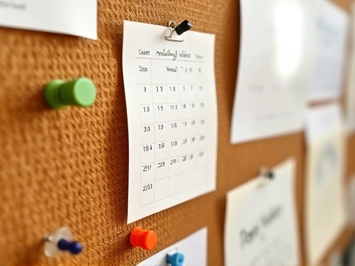 Close-up of a bulletin board with neatly organized notes, calendar reminders, and stylish pushpins.