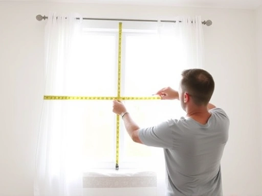 A clean, brightly lit room with a person accurately measuring a window for curtain installation, showing a tape measure and a pencil, emphasizing precision and DIY success.