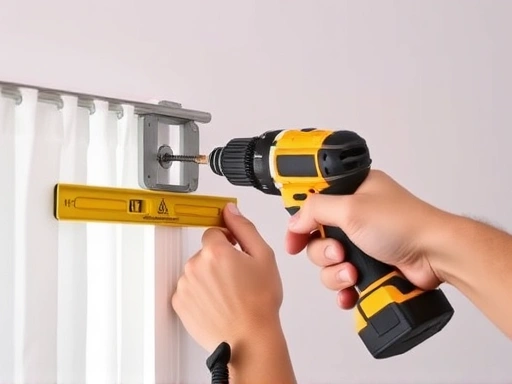 Close-up of hands operating an electric drill to secure a curtain bracket onto a wall, with a level ensuring perfect horizontal alignment, highlighting proper tool usage for safe installation.