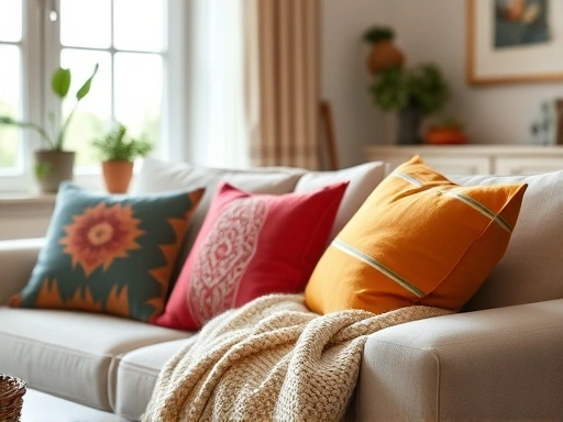A cozy living room with colorful cushions and a soft, textured fabric throw on a neutral sofa.