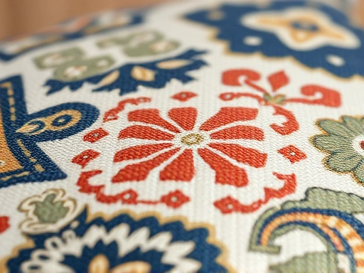 Close-up of a patterned cushion with intricate details, showcasing texture and color harmony.