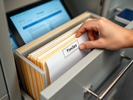 Close-up on a hand placing a neatly labeled folder into a filing cabinet, with digital documents visible on a tablet in the background, illustrating the integration of physical and digital organization.