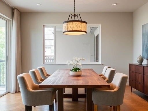 A modern dining room with a stylish pendant light above a wooden table, surrounded by comfortable chairs.